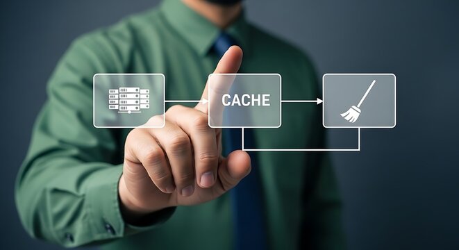 A man in a green shirt interacting with a digital cache interface