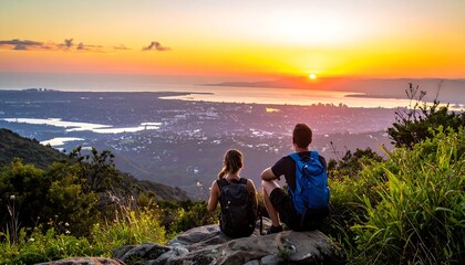 Fototapeta premium Couple watches a fiery sunset over a distant city from mountain top
