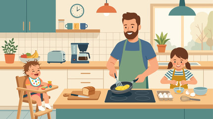 Fototapeta premium A heartwarming flat design illustration of a father and child making breakfast together in the kitchen, symbolizing shared household activities and early morning bonding. 