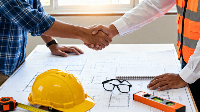 Construction professionals shaking hands over blueprints, symbolizing a successful agreement and collaboration in a project