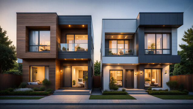 Modern duplex houses with contemporary architecture at dusk real estate exterior design building