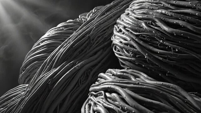 Detailed close-up grayscale view of interwoven, textured tubes, representing a complex abstract composition