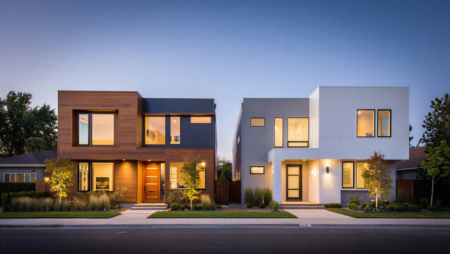 Modern side by side residential homes at twilight with real estate architecture residential