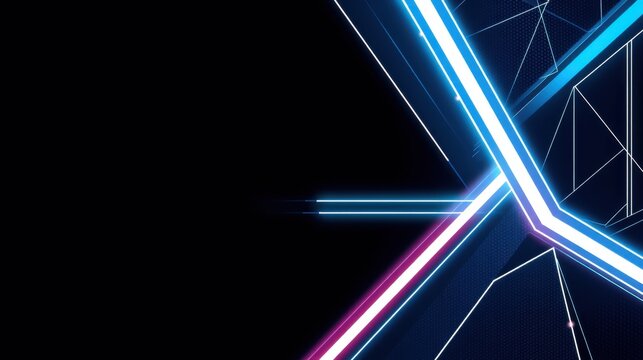 Abstract neon lines intersect dark background. Bright blue, white, pink glow creates futuristic design. Minimalist aesthetic, dynamic composition.