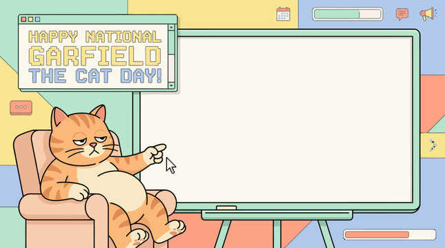 Orange tabby cat in armchair pointing at blank screen, with "Happy National Garfield The Cat Day!" pixel text, a digital event celebration template in retro 90s vaporwave pastel vector.