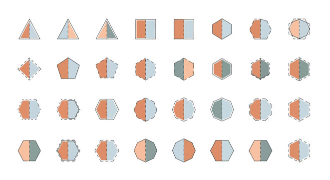 Set of Geometric Shapes with Split Color Halves and Dashed Symmetry Lines