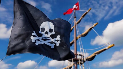 Fototapeta premium Black Pirate Flag with Skull and Crossbones Drifting in Front of a Tall Ship Against a Blue Sky with Clouds