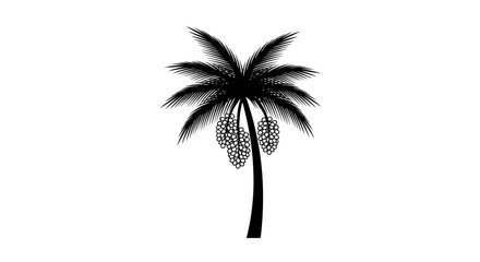 Fototapeta premium Date Palm Silhouette: A stark black silhouette of a date palm tree, complete with feathery fronds and clusters of ripening dates, stands against a clean white background.
