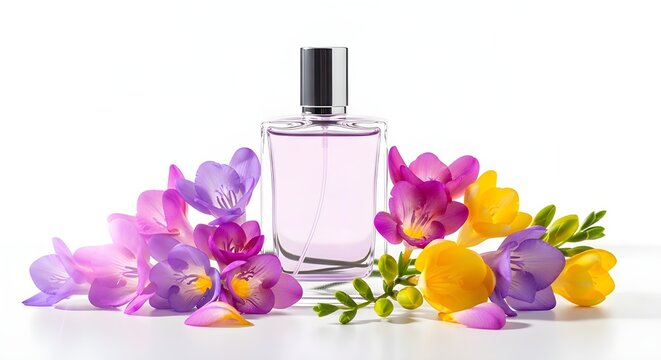 Clean editorial shot of a transparent perfume bottle with light pastel liquid, freesia scent concept, colorful freesia flowers placed naturally, bright studio background