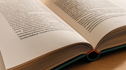Fototapeta premium Unfurling Wisdom Detailed Close-Up of an Open Book's Text-Filled Pages