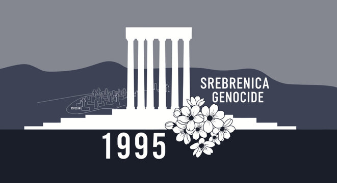 Srebrenica Genocide Memorial 1995: A stark, illustrative memorial symbolizing the Srebrenica genocide of 1995, featuring classical architecture, the year.