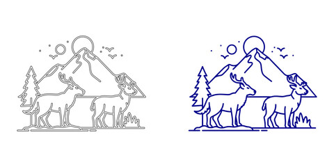 Fototapeta premium Minimalist Navy Blue Deer Grazing in Mountain Landscape Vector Illustration Representing Wildlife Conservation Wilderness Safari and Sustainable Environmental Ecology Symbol