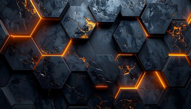 Dark hexagonal 3D art with orange glowing cracks and lines