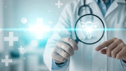 Fototapeta premium Medical Insight: A doctor examines a depiction of a uterus, symbolizing advancements in medical science and women's health. The image encapsulates the intersection of healthcare, innovation.