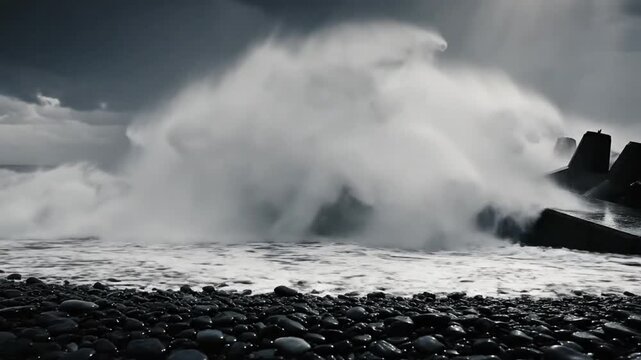 Dramatic black and white video of ocean waves crashing against a concrete sea wall during a storm