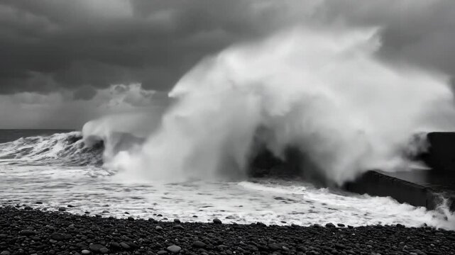 Dramatic black and white video of ocean waves crashing against a concrete pier during a storm with ominous grey clouds