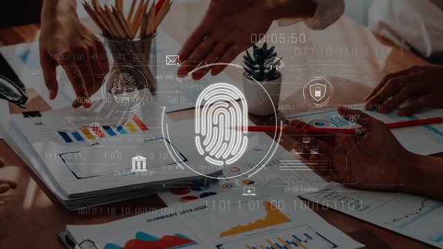 A dynamic business meeting showcasing teamwork and collaboration, featuring hands engaged in discussions over documents, emphasizing data security and innovation concepts. Raster