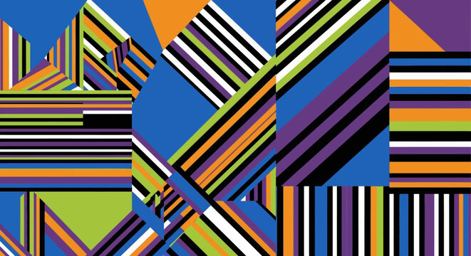 Vibrant geometric pattern with colorful stripes and shapes