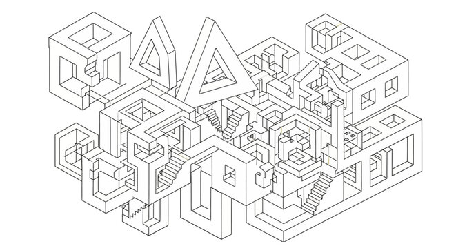 Complex Isometric Impossible Geometry Structure with Stairs and Geometric Shapes