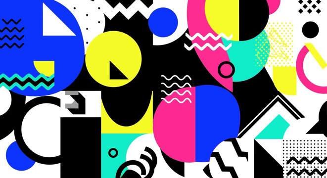 Abstract Memphis Style Geometric Pattern with Vibrant Shapes and Bold Colors