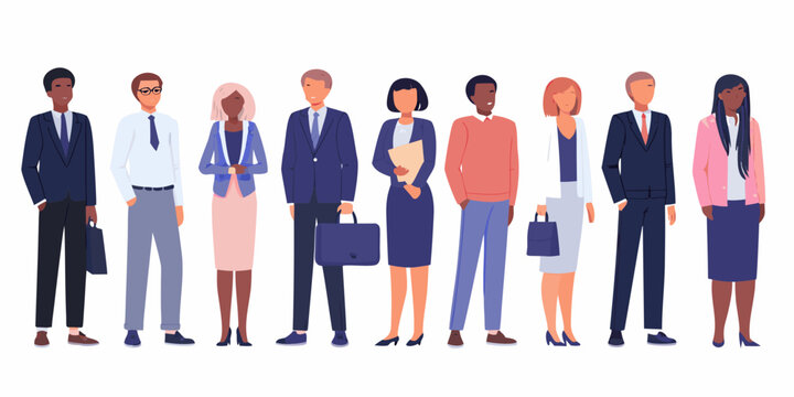 Diverse group of business professionals standing in a neat organized row
