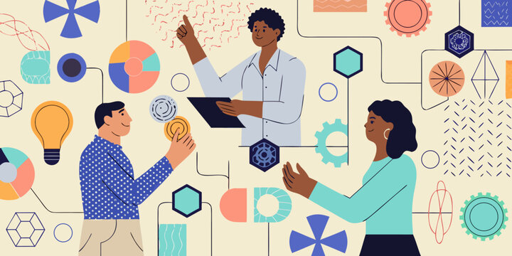 Diverse team collaborates on innovative ideas with abstract geometric elements