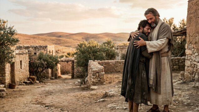 아버지와 아들이 감동적인 재회 속에서 서로를 포옹하며 용서와 사랑을 나눕니다.