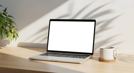 Fototapeta premium A laptop sits on a wooden desk next to a coffee cup and plant.