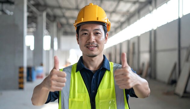 Construction worker in yellow helmet giving thumbs up, smiling indoors