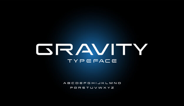 Futuristic font alphabet letters. Gravity Future logo typography. Cropped letters set for science technology, space research logo type, hud text, headline, scifi cover.