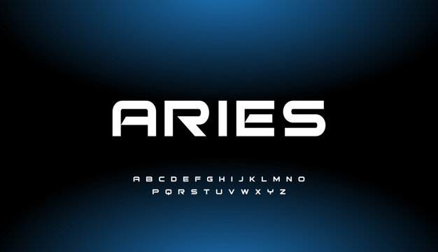 Futuristic font alphabet letters. Aries Future logo typography. Cropped letters set for science technology, space research logo type, hud text, headline, scifi cover.