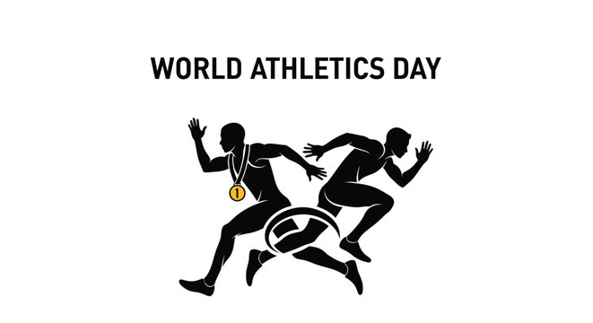 Dynamic vector graphic illustration showing two silhouette sprinters racing for world athletics day medal glory