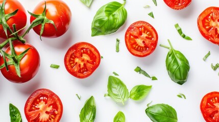Naklejka premium Fresh Red Tomatoes and Basil Leaves Spread on White Surface for Culinary and Food Presentation