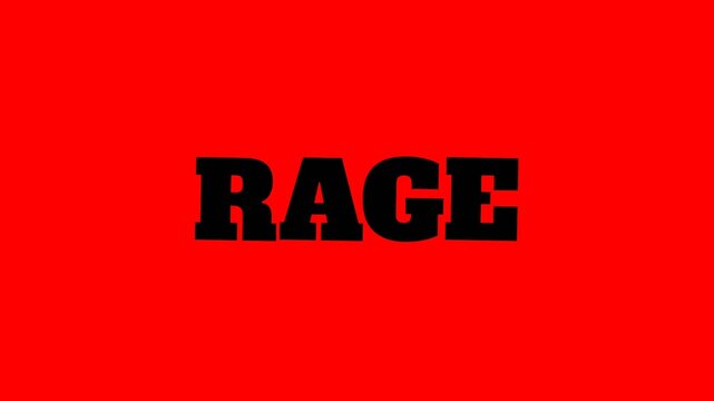 Simple bold RAGE text animation on a bright red background, expressing intense anger, raw emotion, and powerful energy