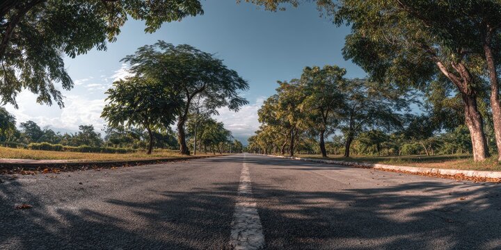 Low-angle shot of asphalt road with white stripe flanked by lush trees under bright sky