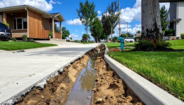 Drainage ditch in residential area, blue sky, trees, and houses