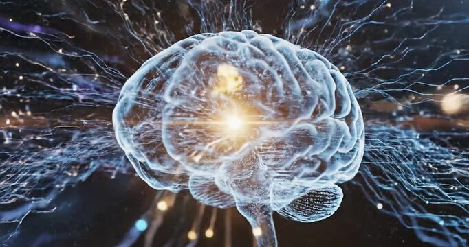 Digital glowing human brain model with neural network data connections