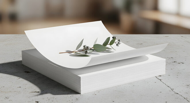Minimalist Mockup Scene with a Eucalyptus Sprig on a Stack of White Paper