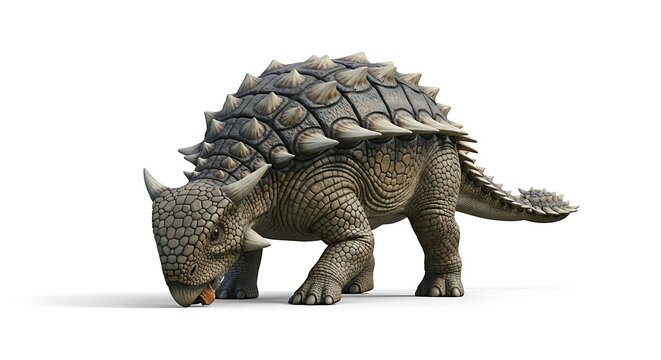 Realistic 3D rendering of an Ankylosaurus dinosaur with heavy armor and spikes, looking down on a white background.