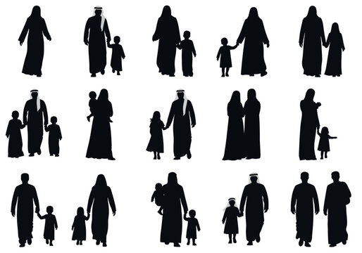 Middle Eastern Family Silhouette Collection - Arabic People in Traditional Attire Set