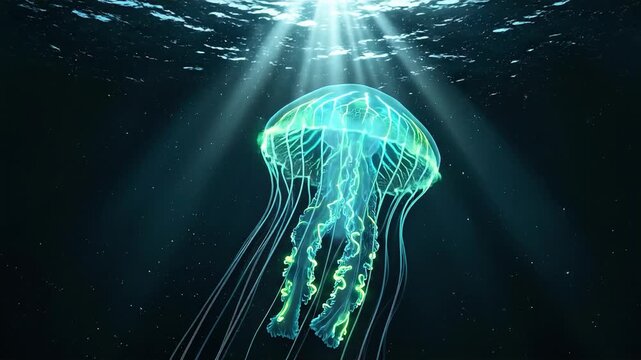 Bioluminescent cybernetic jellyfish drifting through deep ocean as neon neural networks pulse with intelligence and data