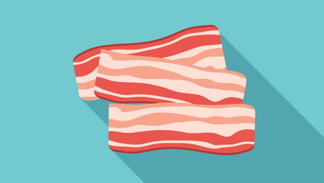 Three strips of raw streaky bacon with characteristic fat marbling shown against a flat light blue background.