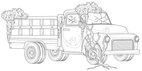 Forgotten Relic: An aged pickup truck, reclaimed by the elements, stands as a testament to time's passage and nature's enduring power. The vehicle, now adorned with encroaching vegetation. © Vecto