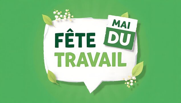 F&ecirc;te du Travail greeting banner for May 1st Labor Day with lily of the valley on green background