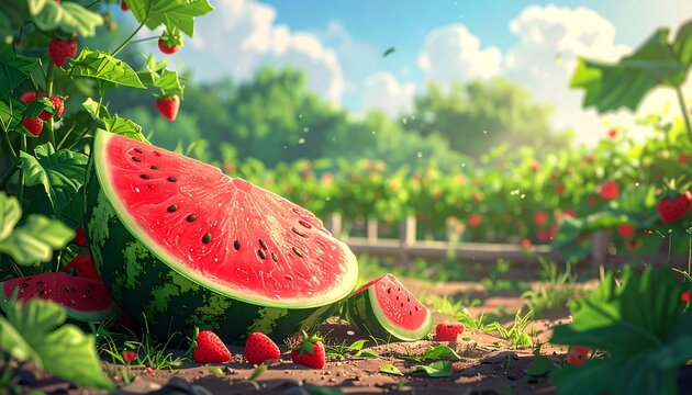 Delicious watermelon slice amidst a vibrant strawberry garden