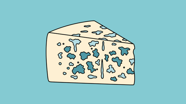 Triangular wedge of gourmet blue cheese with distinctive mold veins isolated against a solid turquoise background.