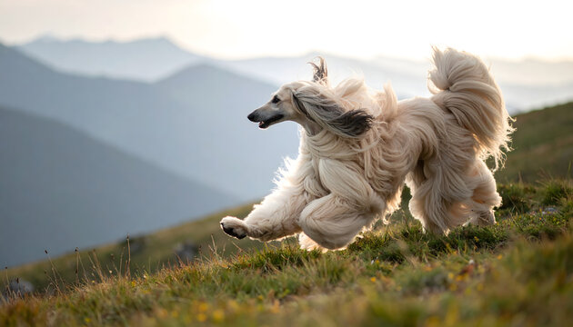 Afghan Hound running on a hilltop with its long silky coat blowing sideways in the wind against a mountain range generative AI