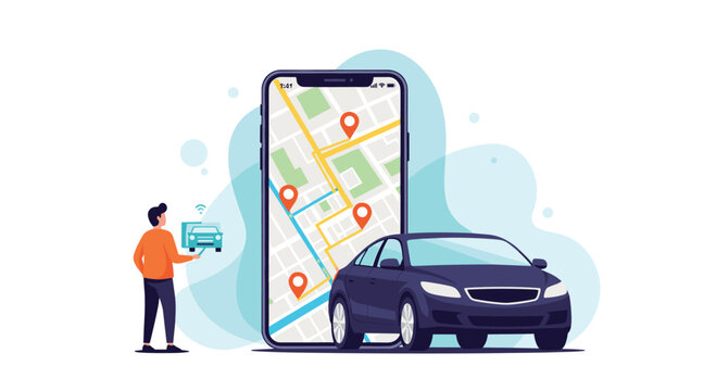 Ride-sharing and car tracking mobile app concept showing a vehicle next to a large smartphone displaying a city map with location pins.