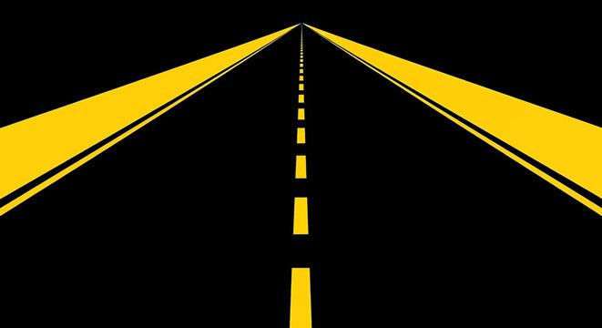 Minimalist highway road with yellow dashed lines and solid border lines on, conceptual journey and path to future illustration