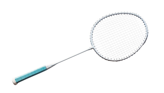 Professional badminton racket with a sleek white frame and vibrant blue grip, isolated on transparent background, perfect for sports equipment design PNG